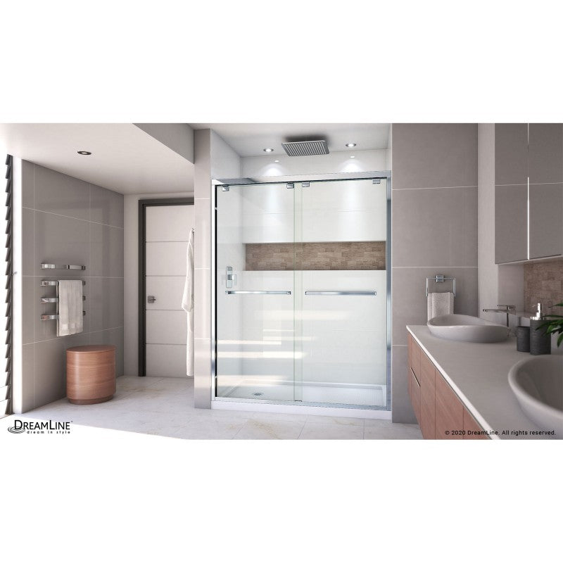 Encore Semi-Frameless Double Sliding Shower Door Kit with White Shower Base Pan and Left Drain