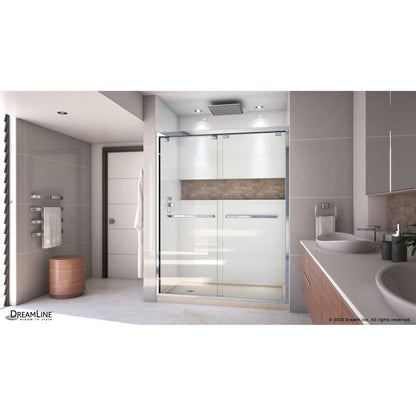 Encore Semi-Frameless Double Sliding Shower Door Kit with Biscuit Shower Base Pan and Left Drain