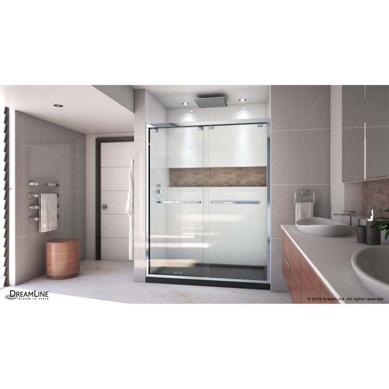 Encore Semi-Frameless Double Sliding Shower Door Kit with Black Shower Base Pan and Left Drain