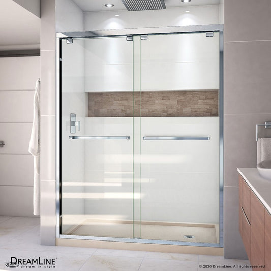 Encore Semi-Frameless Double Sliding Shower Door Kit with Biscuit Shower Base Pan and Right Drain