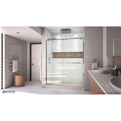 Encore Semi-Frameless Double Sliding Shower Door Kit with Biscuit Shower Base Pan and Right Drain