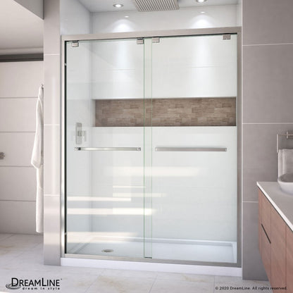 Encore Semi-Frameless Double Sliding Shower Door Kit with White Shower Base Pan and Left Drain