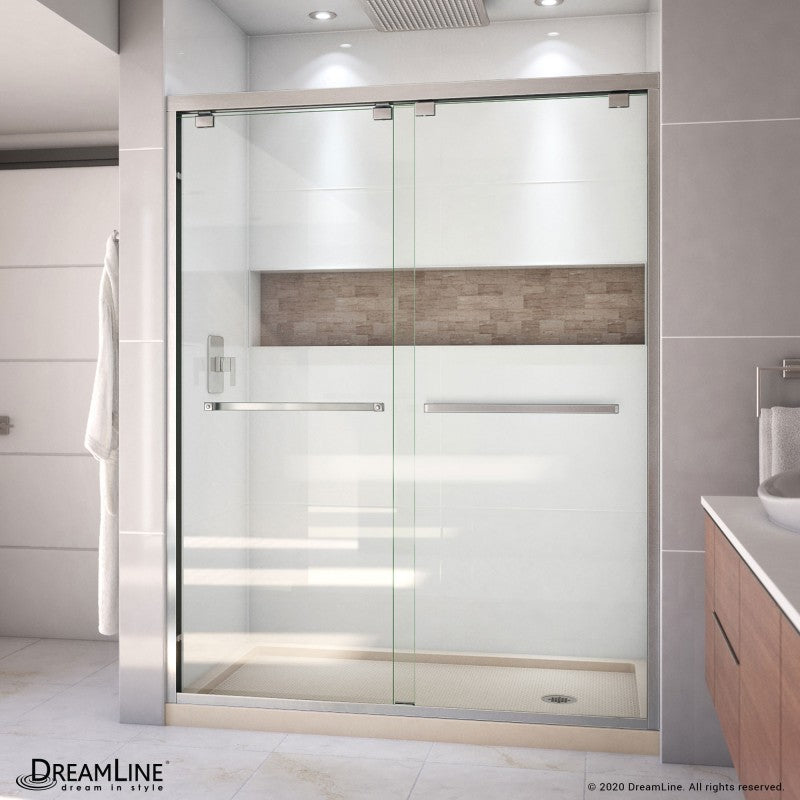 Encore Semi-Frameless Double Sliding Shower Door Kit with Biscuit Shower Base Pan and Right Drain
