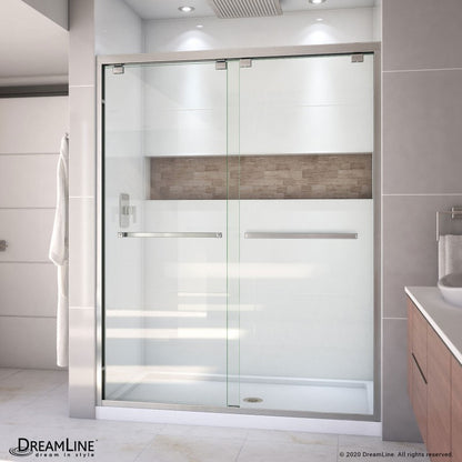 Encore Semi-Frameless Double Sliding Shower Door Kit with White Shower Base Pan and Center Drain