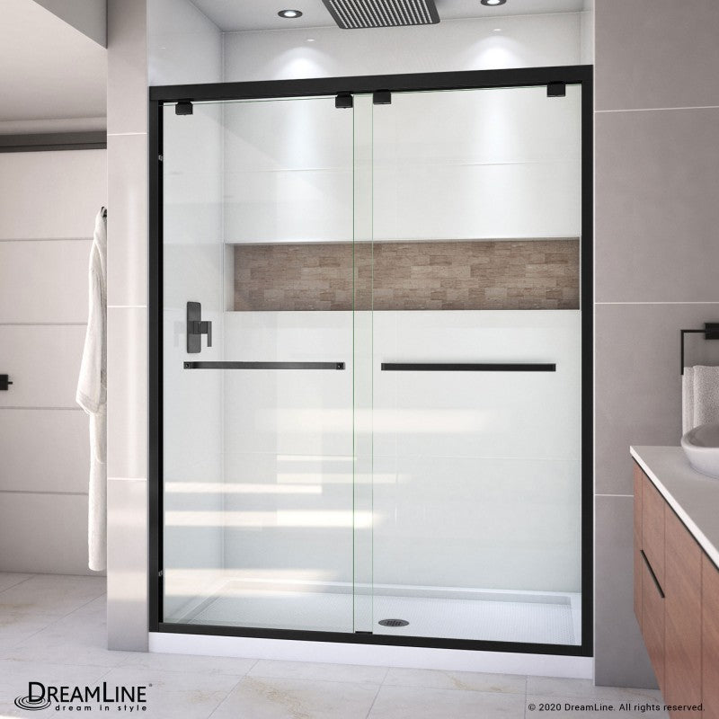 Encore Semi-Frameless Double Sliding Shower Door Kit with White Shower Base Pan and Center Drain