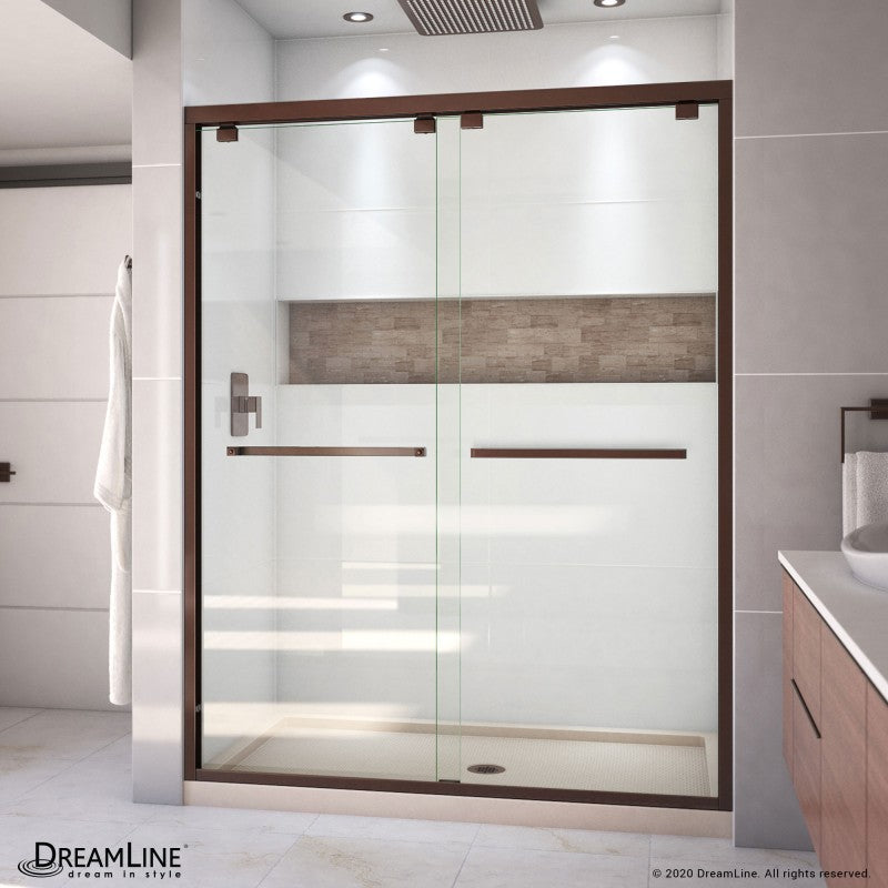 Encore Semi-Frameless Double Sliding Shower Door Kit with Biscuit Shower Base Pan and Center Drain