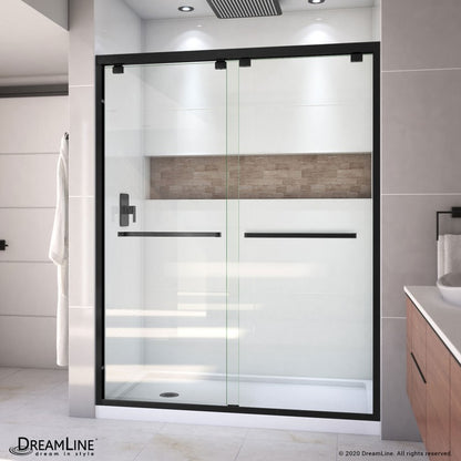 Encore Semi-Frameless Double Sliding Shower Door Kit with White Shower Base Pan and Left Drain