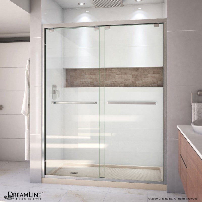 Encore Semi-Frameless Double Sliding Shower Door Kit with Biscuit Shower Base Pan and Left Drain