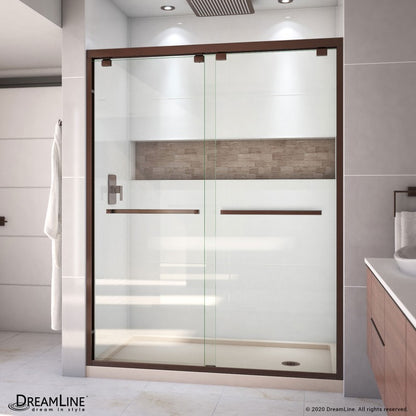 Encore Semi-Frameless Double Sliding Shower Door Kit with Biscuit Shower Base Pan and Right Drain