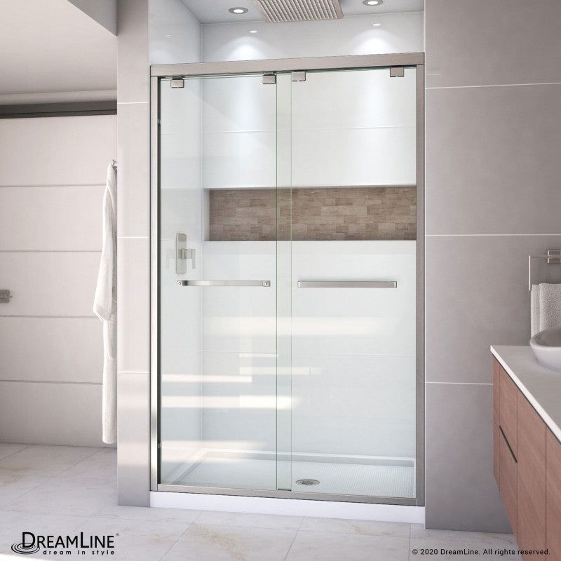 Encore Semi-Frameless Double Sliding Shower Door Kit with White Shower Base Pan and Center Drain