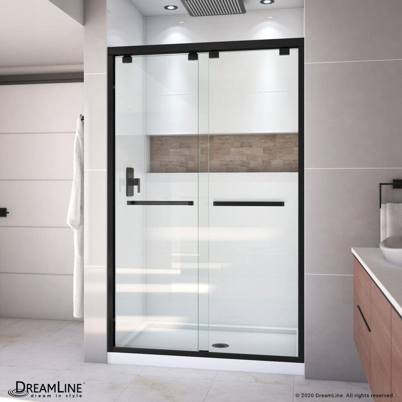 Encore Semi-Frameless Double Sliding Shower Door Kit with White Shower Base Pan and Center Drain