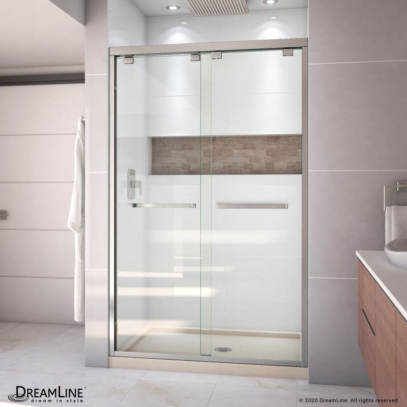 Encore Semi-Frameless Double Sliding Shower Door Kit with Biscuit Shower Base Pan and Center Drain