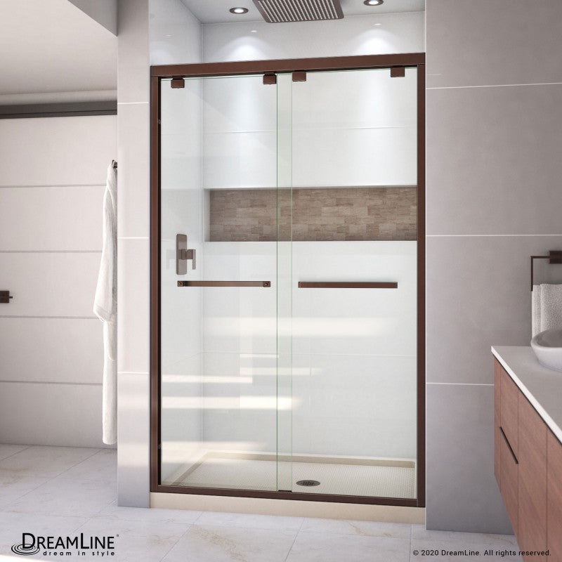 Encore Semi-Frameless Double Sliding Shower Door Kit with Biscuit Shower Base Pan and Center Drain