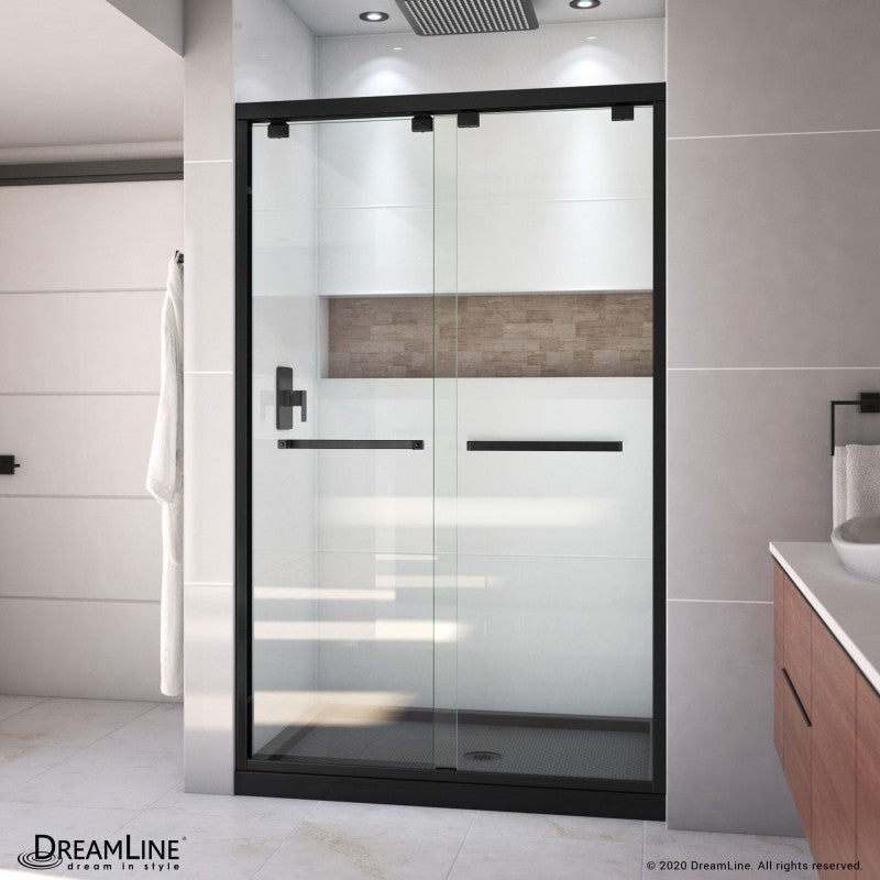 Encore Semi-Frameless Double Sliding Shower Door Kit with Black Shower Base Pan and Center Drain