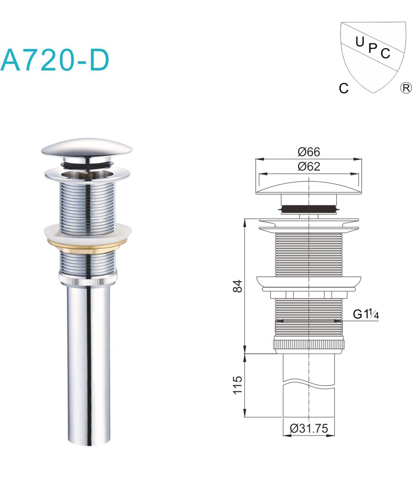 Trieste Bathroom Sink Drain Pop in Chrome, without overflow
