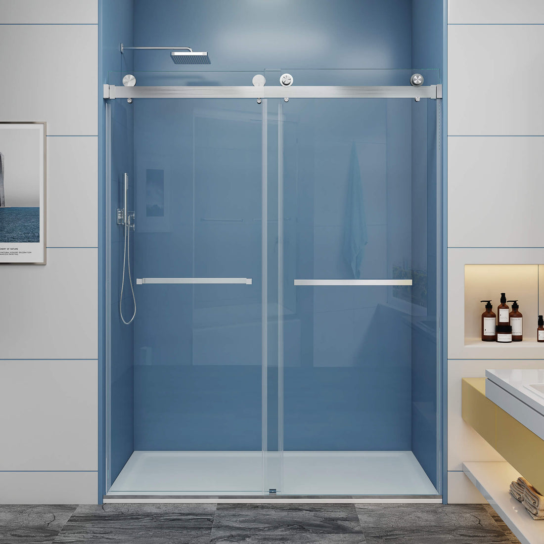 Sybil Double Sliding Frameless Shower Door with Smooth Sliding and 3/8 in. (10 mm) Glass (DS01)