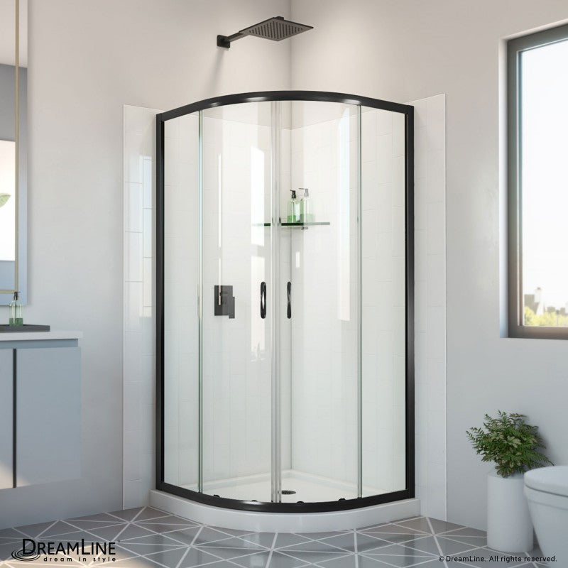 Prime Semi-Frameless Corner Enclosure Center Sliding Shower Door Kit with Subway Style Wall and White Shower Base Pan and Corner Drain