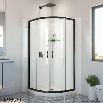Prime Semi-Frameless Corner Enclosure Center Sliding Shower Door Kit with Subway Style Wall and White Shower Base Pan and Corner Drain