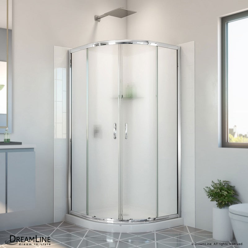 Prime Semi-Frameless Corner Enclosure Center Sliding Shower Door Kit with Subway Style Wall and White Shower Base Pan and Corner Drain