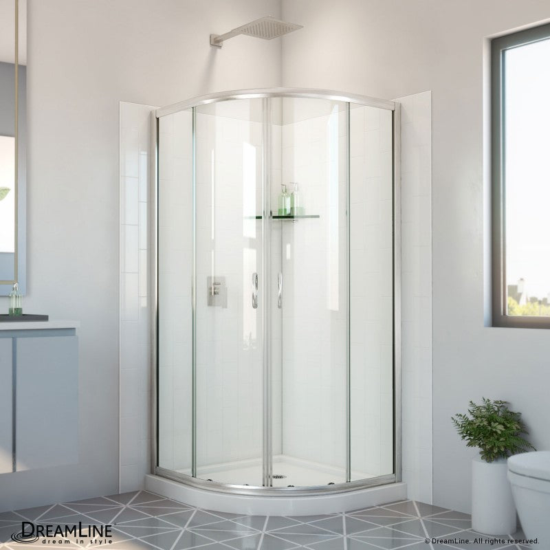 Prime Semi-Frameless Corner Enclosure Center Sliding Shower Door Kit with Subway Style Wall and White Shower Base Pan and Corner Drain