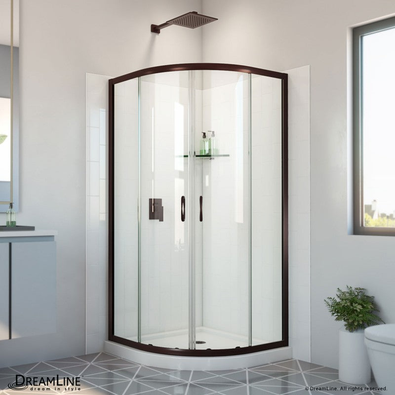 Prime Semi-Frameless Corner Enclosure Center Sliding Shower Door Kit with Subway Style Wall and White Shower Base Pan and Corner Drain