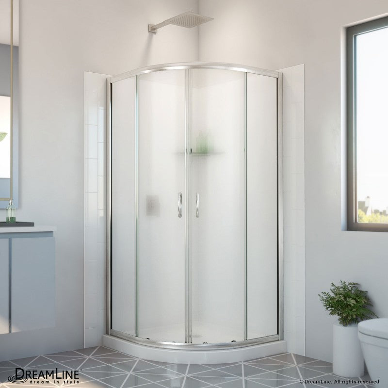 Prime Semi-Frameless Corner Enclosure Center Sliding Shower Door Kit with Subway Style Wall and White Shower Base Pan and Corner Drain