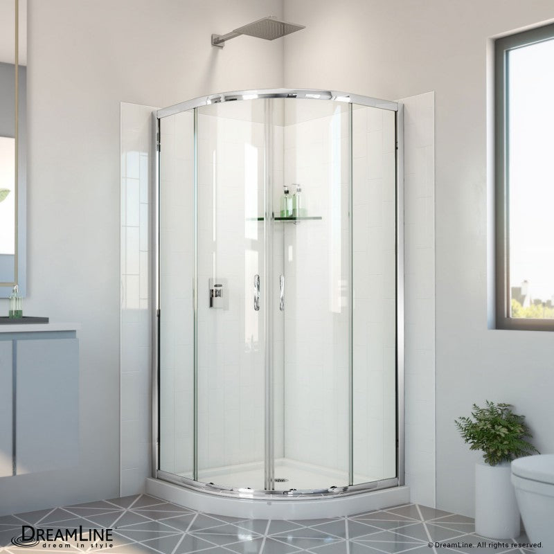 Prime Semi-Frameless Corner Enclosure Center Sliding Shower Door Kit with Subway Style Wall and White Shower Base Pan and Corner Drain