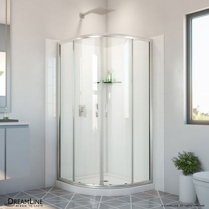 Prime Semi-Frameless Corner Enclosure Center Sliding Shower Door Kit with Subway Style Wall and White Shower Base Pan and Corner Drain