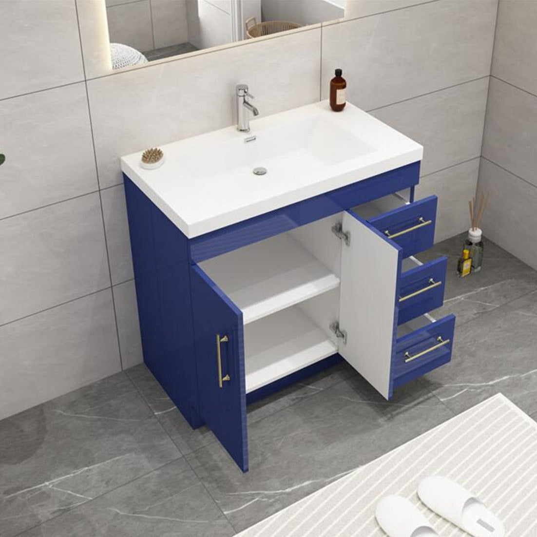 [CLEARANCE] 36" Elsa High Gloss Night Blue Vanity with 3 Right Drawers [BASE ONLY]