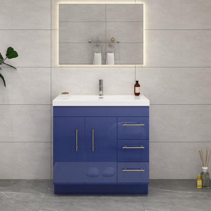 [CLEARANCE] 36" Elsa High Gloss Night Blue Vanity with 3 Right Drawers [BASE ONLY]