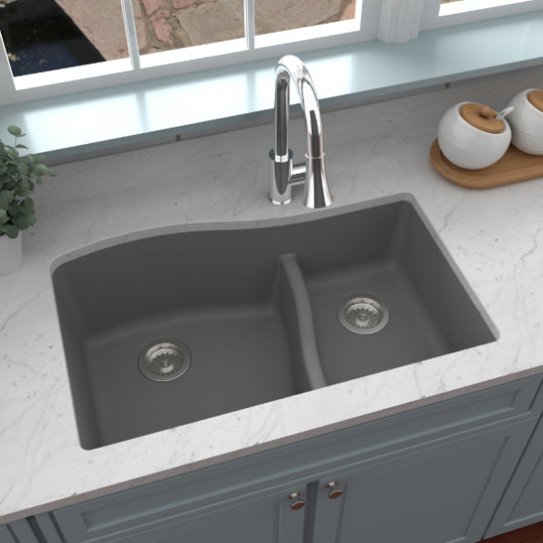 Lithoscape 32" Quartz Composite Undermount Double Basin Kitchen Sink