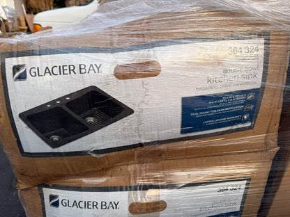 [CLEARANCE] Glacier Bay Dual Mount Granite 33 in. 3-Hole Double Bowl Kitchen Sink with Drains and Bottom Grid in Black