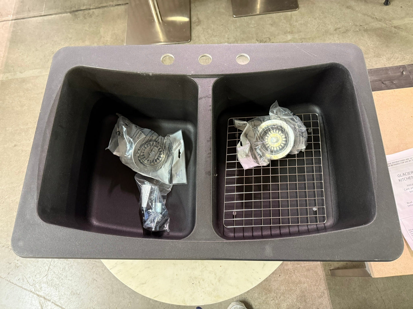 [CLEARANCE] Glacier Bay Dual Mount Granite 33 in. 3-Hole Double Bowl Kitchen Sink with Drains and Bottom Grid in Black