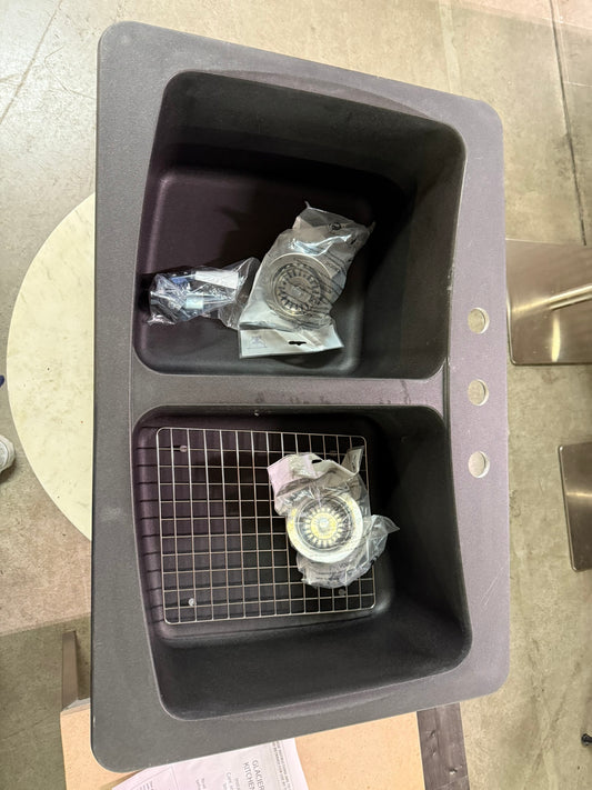[CLEARANCE] Glacier Bay Dual Mount Granite 33 in. 3-Hole Double Bowl Kitchen Sink with Drains and Bottom Grid in Black