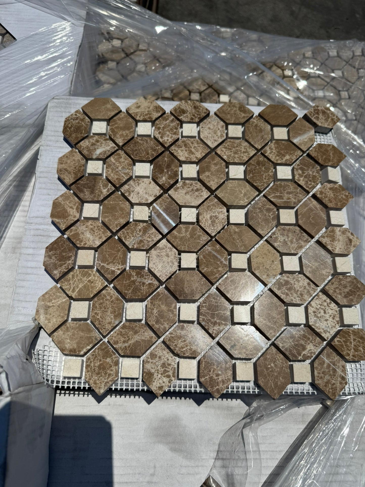 [CLEARANCE] MT-1121-P WH2 Emperador Dark Marble Polished Octagon Mosaic Tile w/ Crema Marfil Dots Mosaic Tile 22 [$7/Piece]