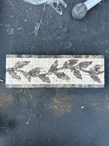 [CLEARANCE] Leaf Vine Marble Mosaic Border Tile, 4x12, Cream and Brown