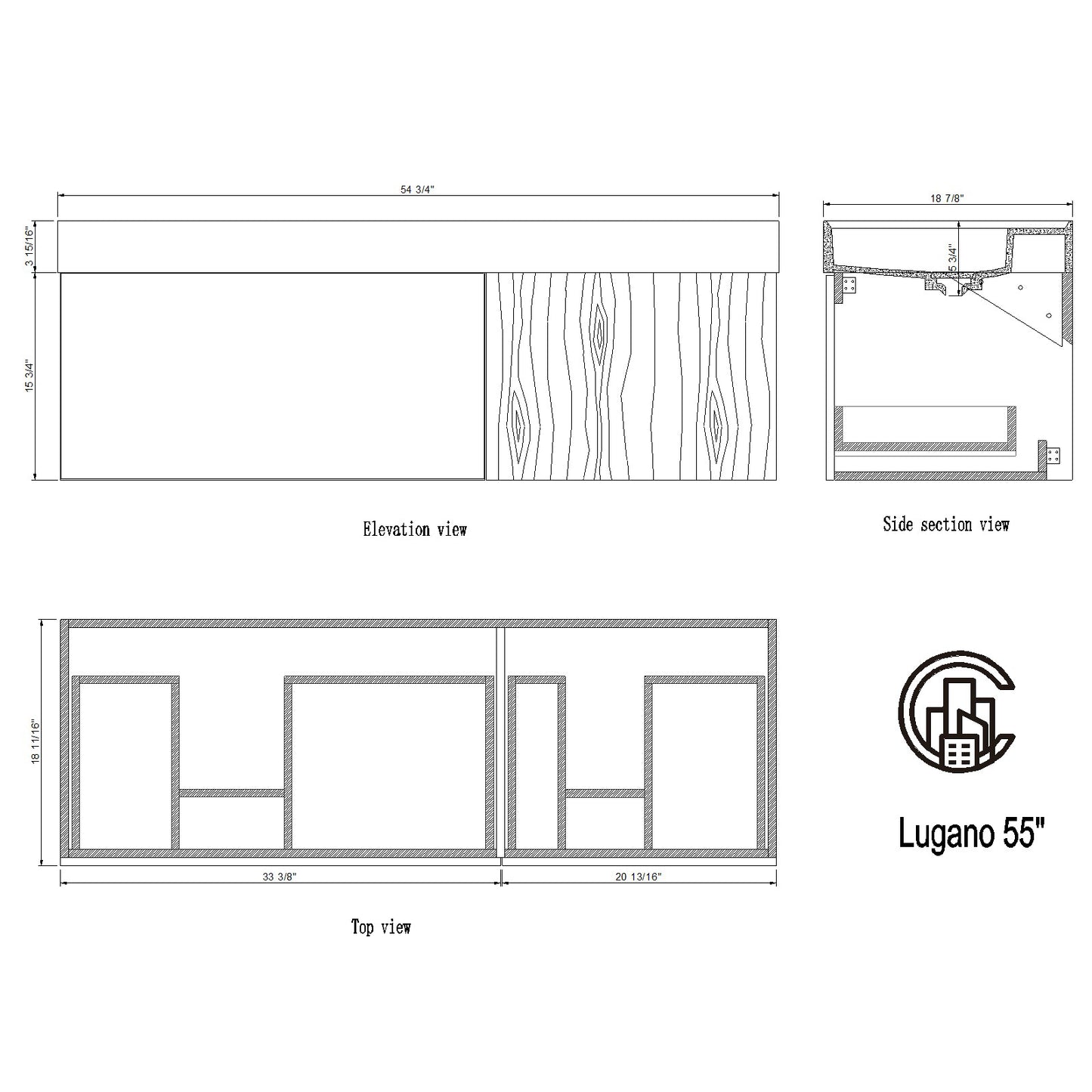 Lugano 55" Wall Mounted Bathroom Vanity with Acrylic Integrated Sink Top