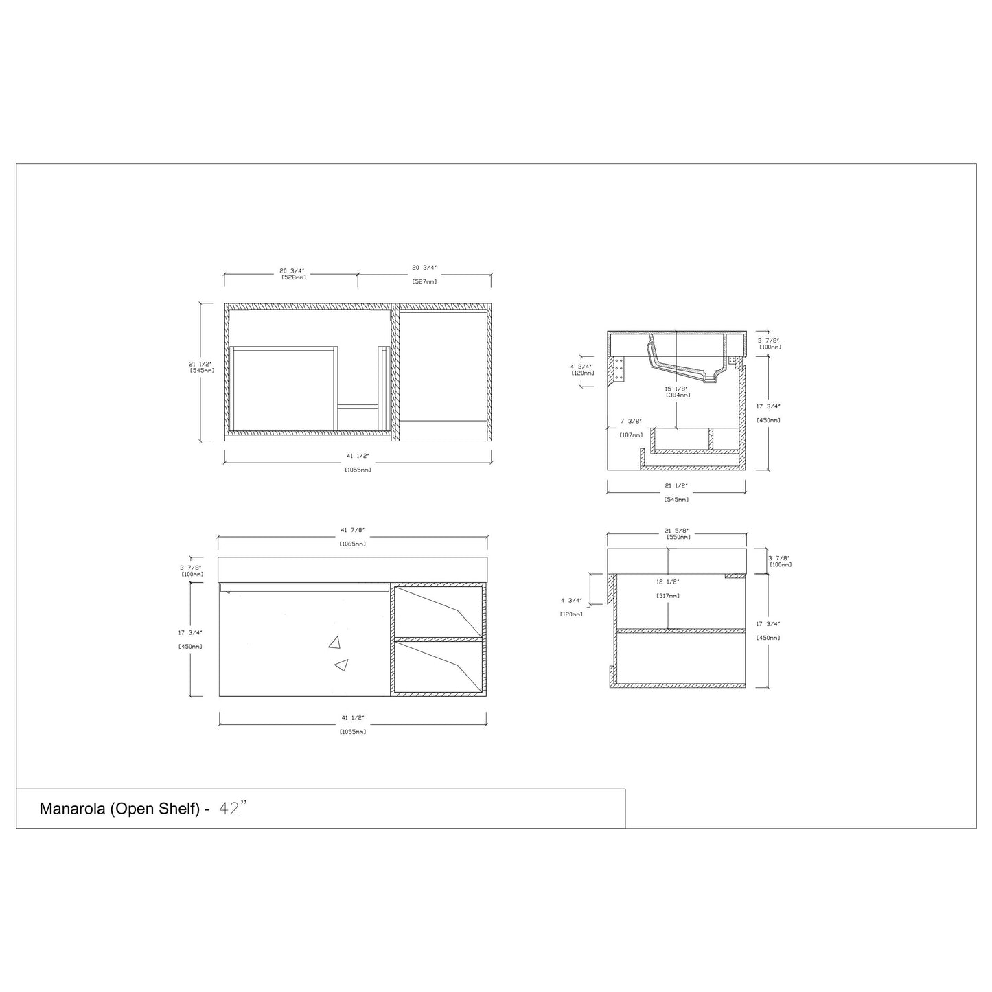 Manarola Open Shelf 42" Wall Mounted Bathroom Vanity with Quartz Top and Cermic Undermount Sink