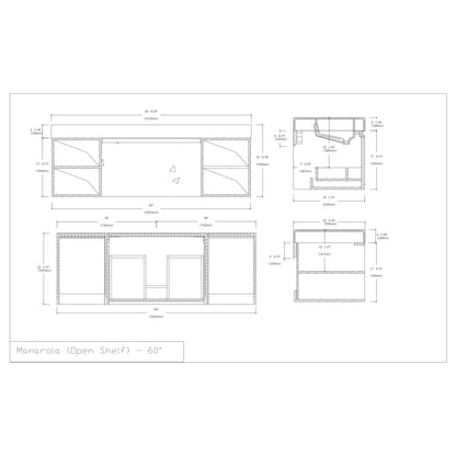 Manarola Open Shelf 60" Wall Mounted Bathroom Vanity with Quartz Top and Cermic Undermount Sinks