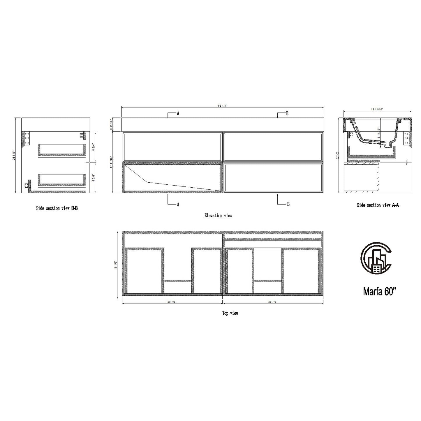 Marfa 60" Wall Mounted Bathroom Vanity with Quartz Top and Cermic Undermount Sinks