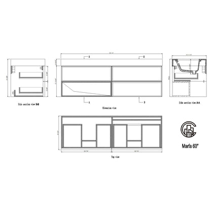 Marfa 60" Wall Mounted Bathroom Vanity with Quartz Top and Cermic Undermount Sinks