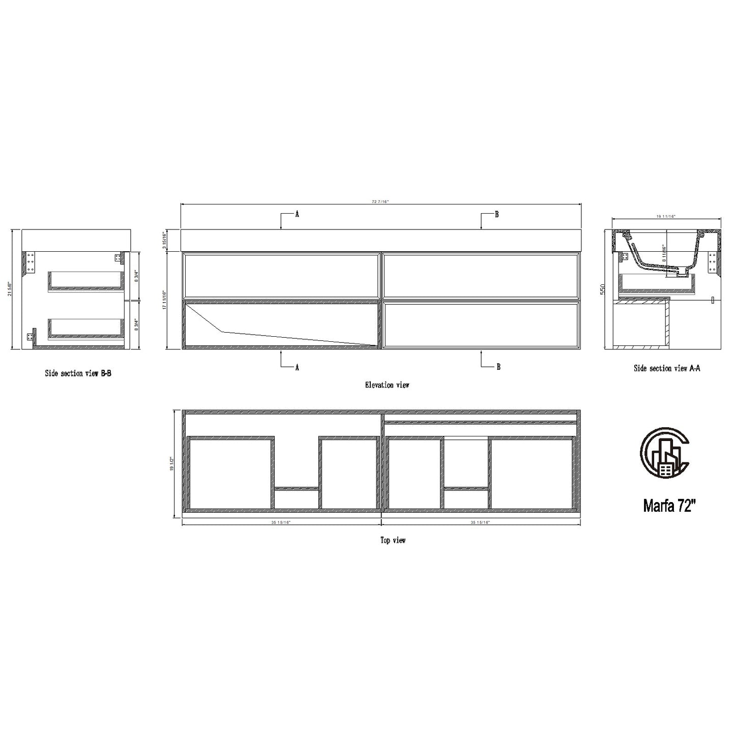 Marfa 72" Wall Mounted Bathroom Vanity with Quartz Top and Cermic Undermount Sinks