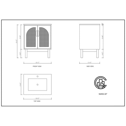 Nara 30" Freestanding Bathroom Vanity with Pure White Quartz Top and Ceramic Undermount Sink