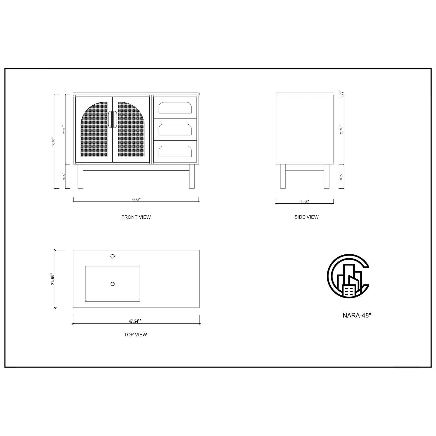 Nara 48" Freestanding Bathroom Vanity with Pure White Quartz Top and Ceramic Undermount Sink