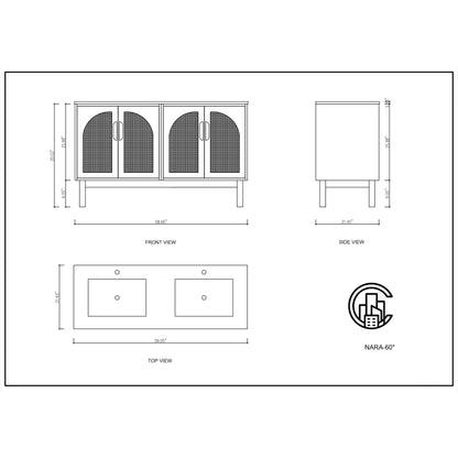 Nara 60" Freestanding Bathroom Vanity with Pure White Quartz Top and Ceramic Undermount Sinks