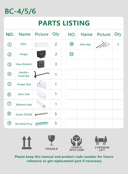 Thalos Frameless Swing Shower Door included parts and hardware listing
