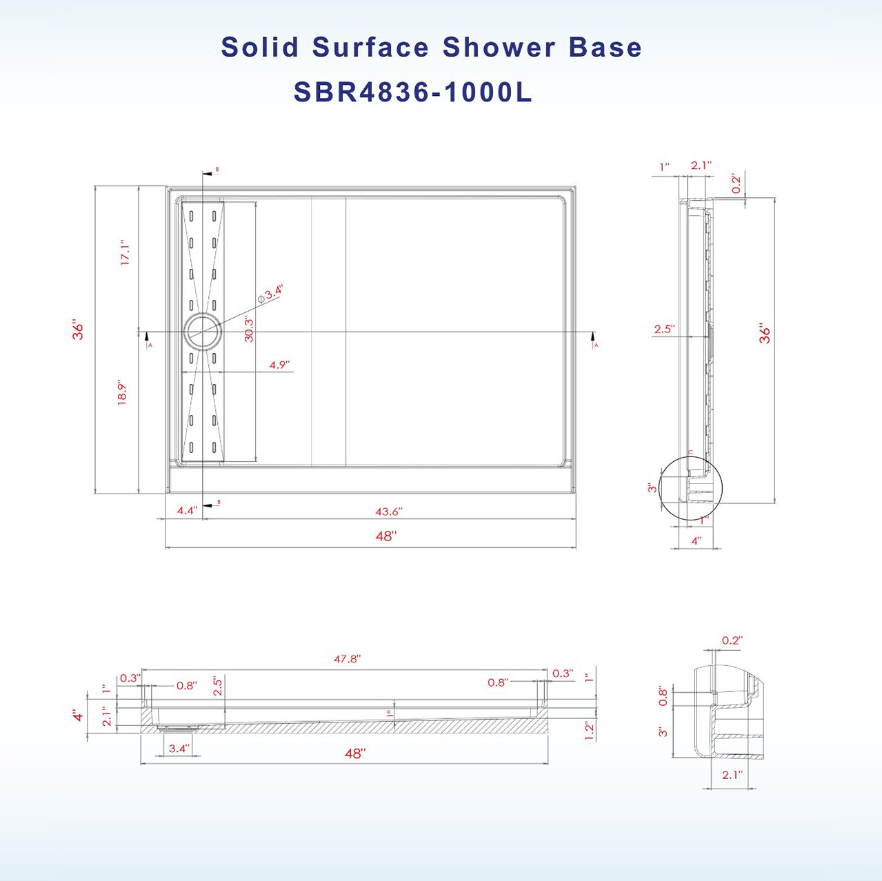 Offset Solid Surface Shower Base Pan