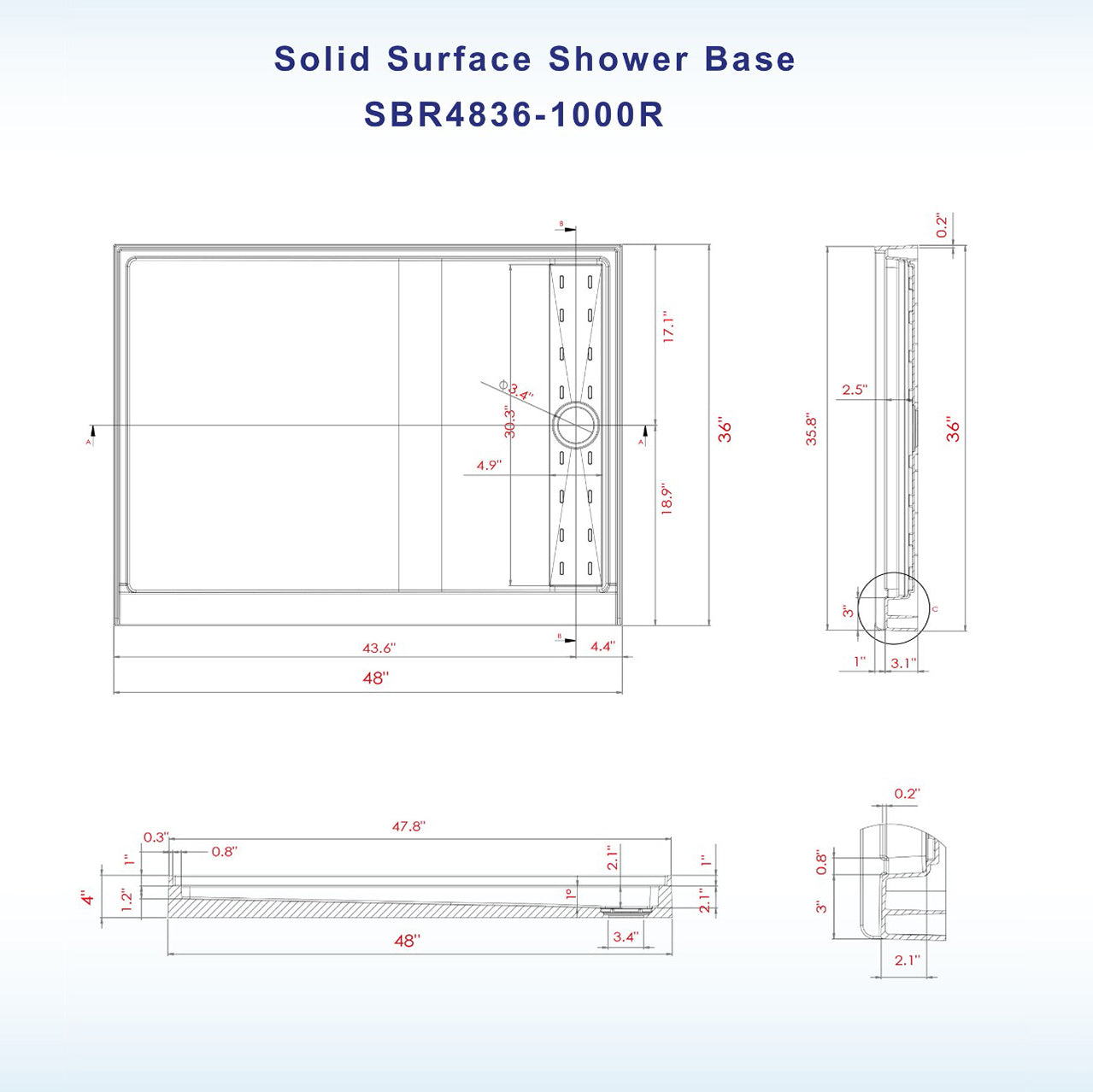 Offset Solid Surface Shower Base Pan