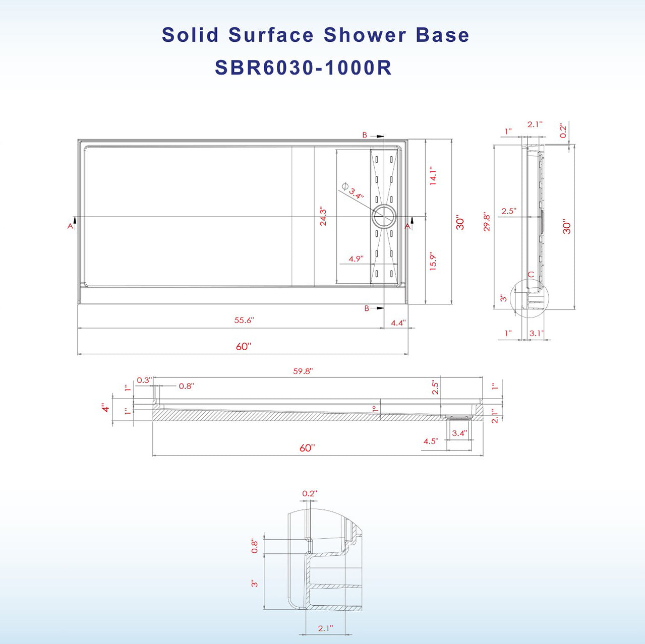 Offset Solid Surface Shower Base Pan