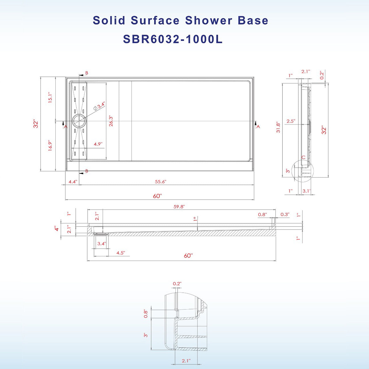 Offset Solid Surface Shower Base Pan